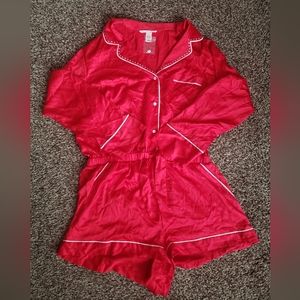 New Red Satin Victoria's Secret Rhinestone Collar Button Up Longsleeve
